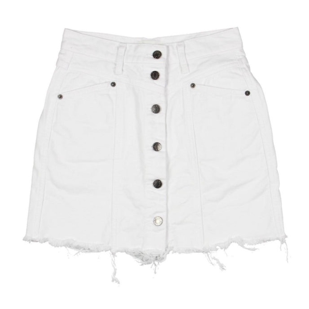 Rails Women's White Denim Jean
Miniskirt Sz. 30 Button Fly Raw Hem Pockets EUC